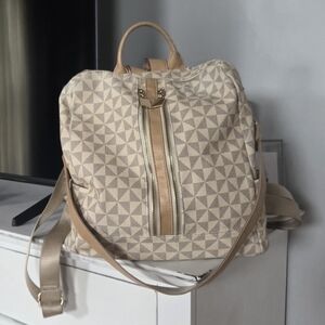 Beige Geometric Canvas Backpack Tote - Neutral Women's Bag